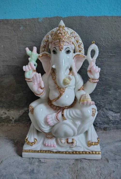 1.5 Feet Ganesh Marble Statue - Makrana White Marble, 18 Inches, Gold Pink Accents | Handcrafted, Polished Finish, Lalitasana Pose
