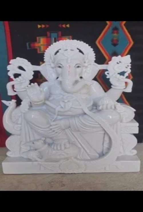 2 Feet Marble Ganesh Ji Statue - White Makrana Marble, 24 Inch, Hand Carved | Smooth Polished Surface, Sitting Posture, Spiritual Decor