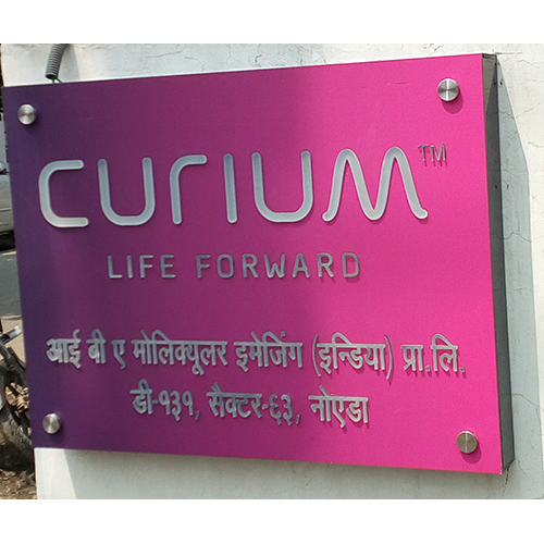 Acrylic Glass Name Plate - UV Resistant 6-8mm, Purple/Transparent, Laser Engraved Text, Stainless Steel Studs