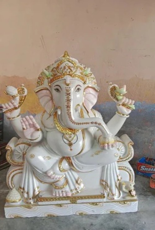 30 Inch Marble Ganesh Statue - Makrana White Marble, 30 Inches, White and Gold with Polished Finish, Hand-Carved and Hand-Painted, Sitting Pose, Indoor Use
