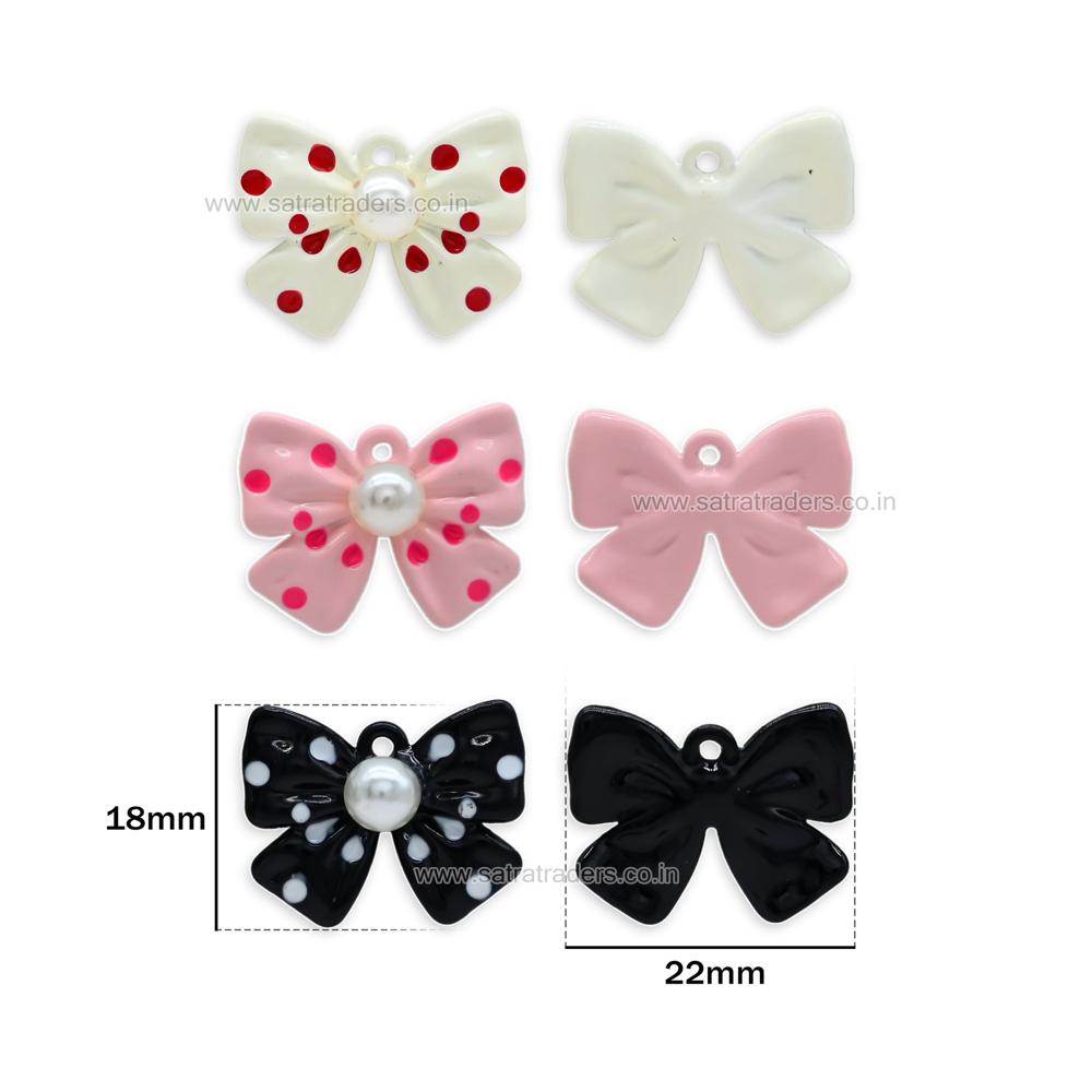 Metal Polka Dot Ribbon Bow Charm 22mm - Color: White/pink/black