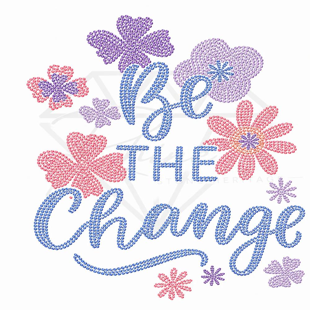 Rhinestone Heat Transfer Sticker | Floral Crystal Hotfix Typography Design For T-Shirts, Hoodies & Fashion Garments - Color: Blue