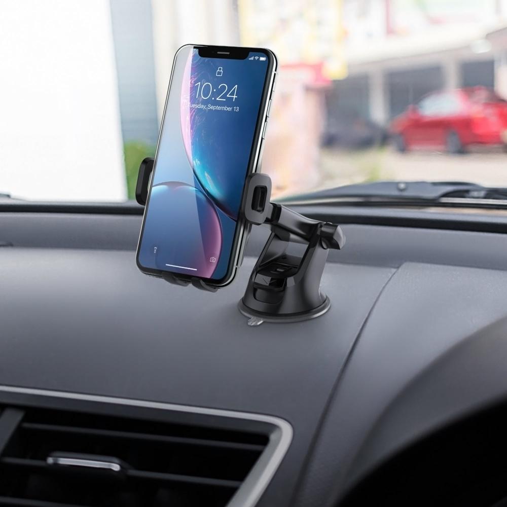 Car Mobile Holder - Durable Plastic, Matte Black, Universal Adjustable Fit, Gravity Locking Mechanism, 360â° Rotation