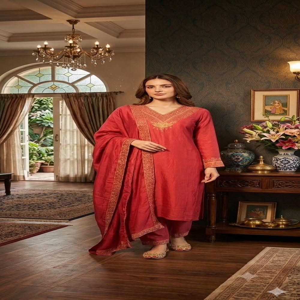 Ladies Designer Silk Kurti - Color: Coral Red