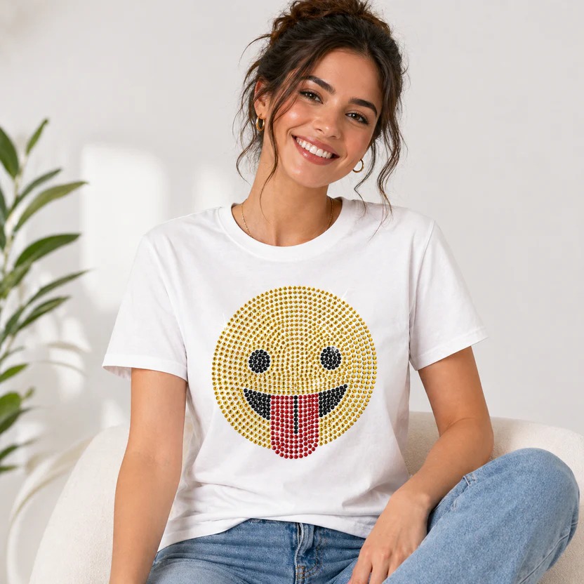 Funny Emoji Rhinestone Heat Transfer Sticker | Crystal Hotfix Smiley Face Design For T-Shirts, Hoodies & Kids Fashion Garments - Color: Yellow