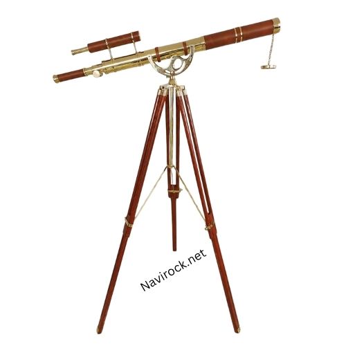 Vintage Brass Telescope Double Barrel Marine Shiny Finish Nautical Floor Standing Wooden Tripod