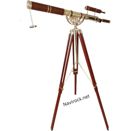 Vintage Brass Telescope Double Barrel Marine Shiny Finish Nautical Floor Standing Wooden Tripod