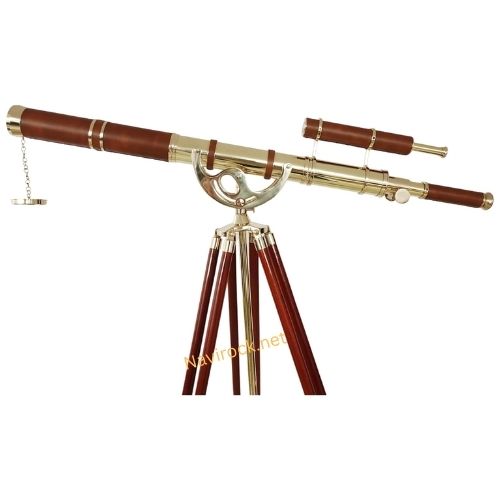 Vintage Brass Telescope Double Barrel Marine Shiny Finish Nautical Floor Standing Wooden Tripod