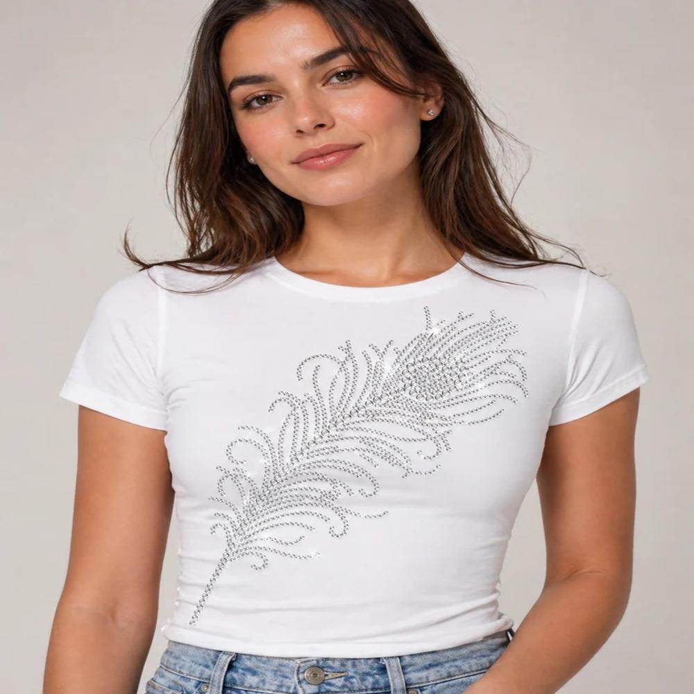 Premium Peacock Feather Rhinestone Heat Transfer Sticker | Crystal Hotfix Feather Design For T-Shirts, Tops & Fashion Garments - Features: Easy To Apply