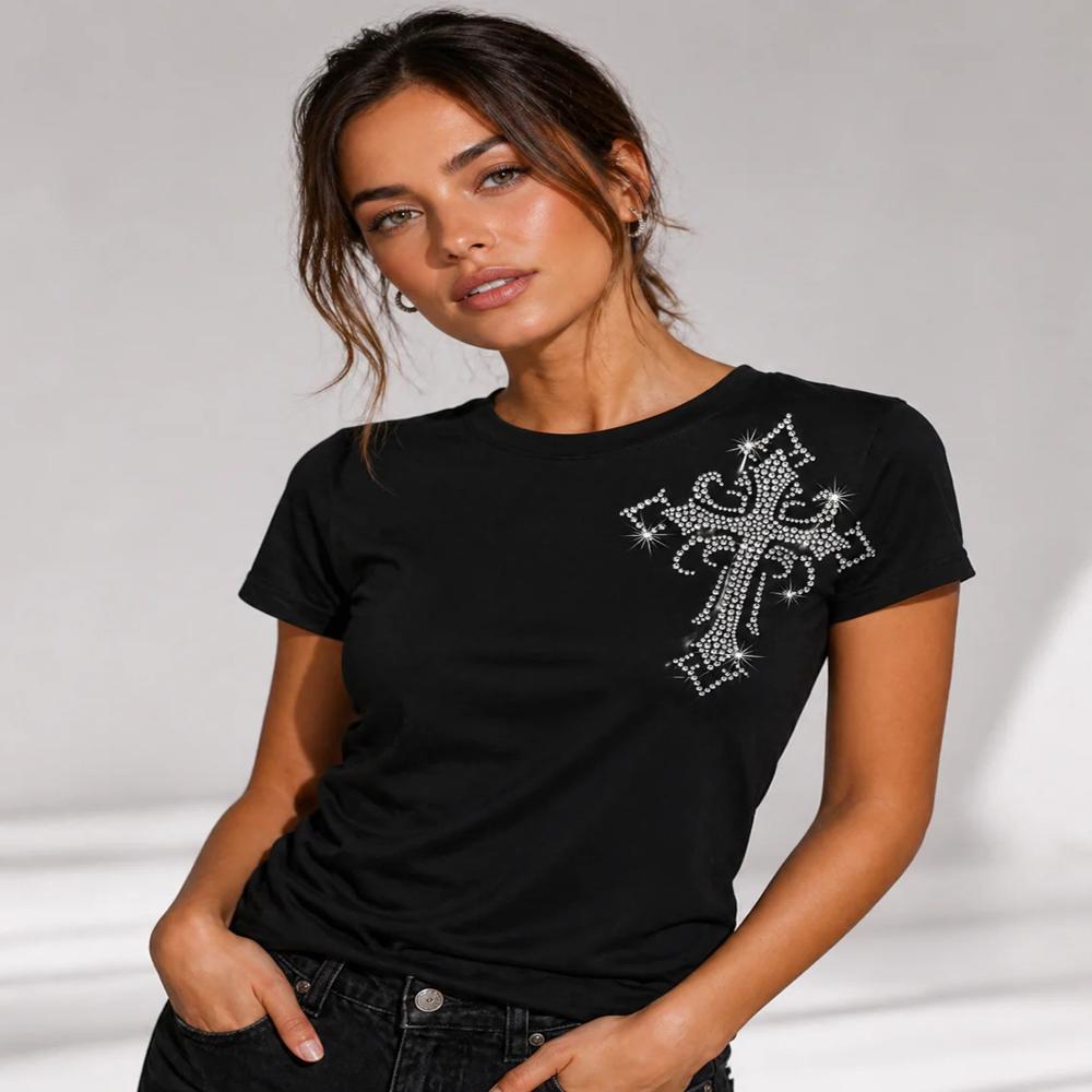 Premium Cross Rhinestone Heat Transfer Sticker | Crystal Hotfix Religious Cross Design For T-shirts, Jackets & Fashion Garments - Features: Easy To Apply