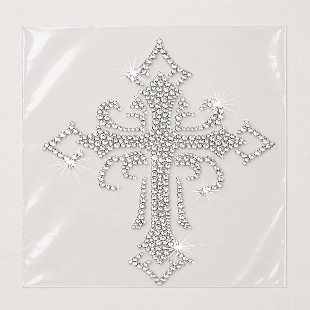 Premium Cross Rhinestone Heat Transfer Sticker | Crystal Hotfix Religious Cross Design for T-Shirts, Jackets & Fashion Garments