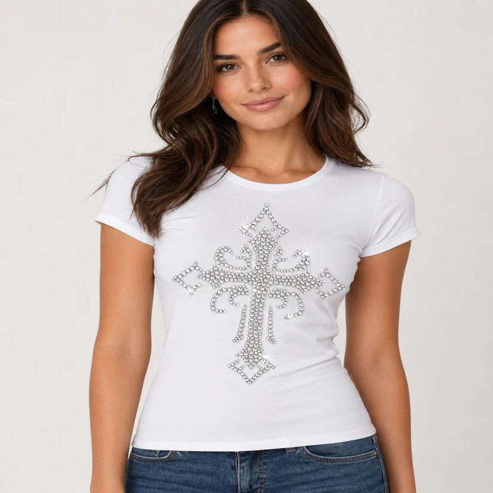 Premium Cross Rhinestone Heat Transfer Sticker | Crystal Hotfix Religious Cross Design for T-Shirts, Jackets & Fashion Garments