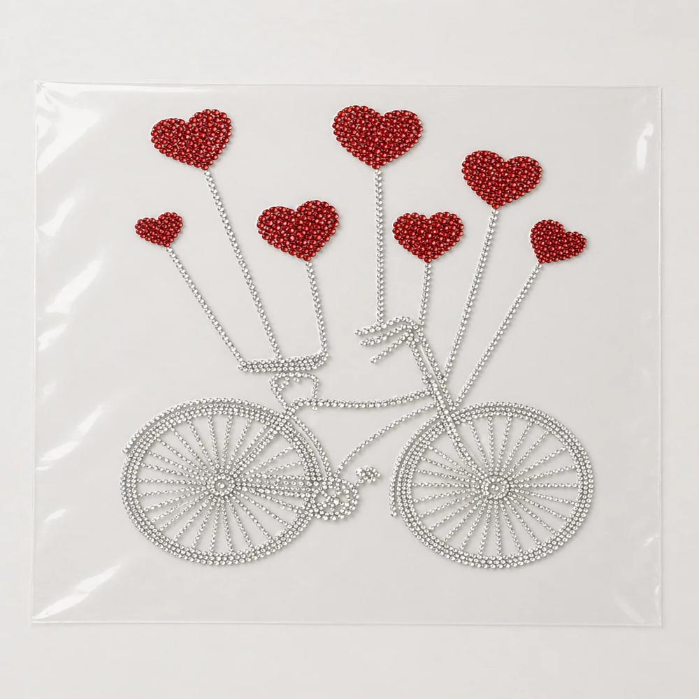 Premium Bicycle With Heart Balloons Rhinestone Heat Transfer Sticker | Crystal Hotfix Love Bicycle Design For T-shirts, Hoodies & Fashion Garments - Features: Easy To Apply