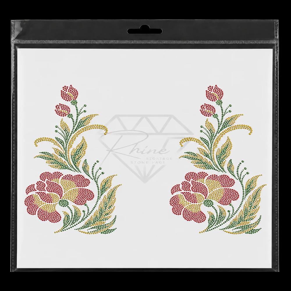 Premium Floral Corner Rhinestone Heat Transfer Sticker Set | Colorful Crystal Hotfix Flower Motif For Kurtis, Abayas, Dresses & Ethnic Garments - Color: Red