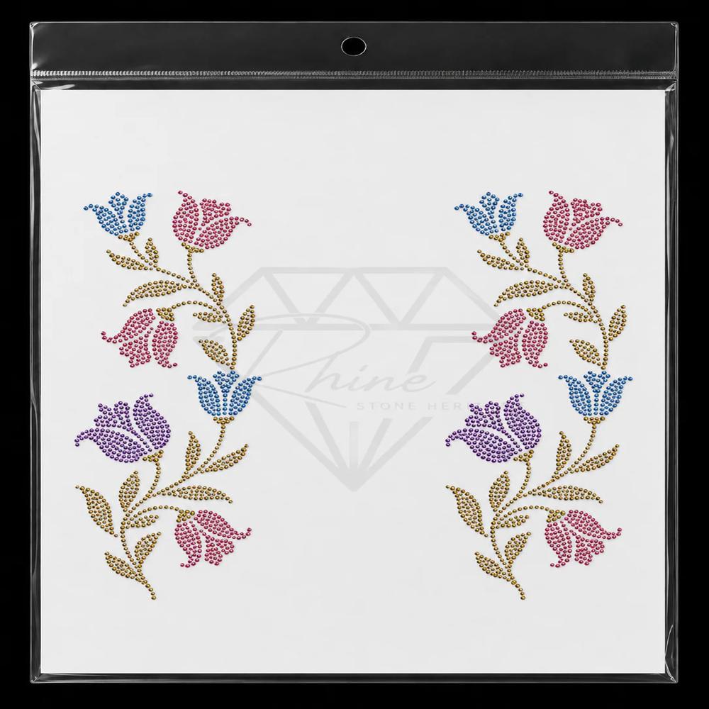 Premium Tulip Floral Rhinestone Heat Transfer Sticker Set | Colorful Crystal Hotfix Flower Motif For Fasion Garments Ethnic Wear - Color: Blue