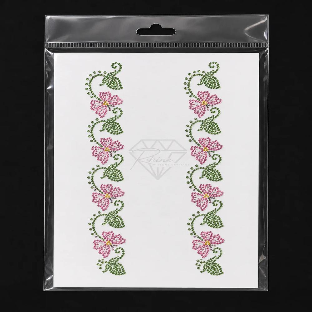 Premium Floral Vine Rhinestone Heat Transfer Sticker Set | Crystal Hotfix Flower Border Design For Fashion Garments - Color: Pink