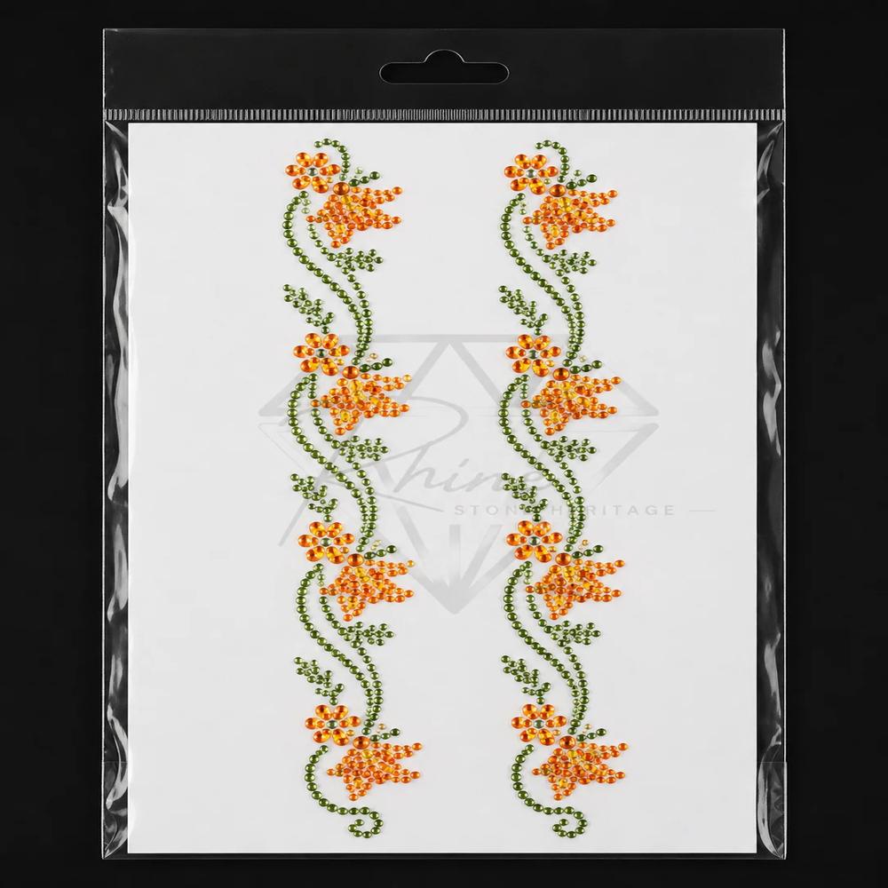 Premium Floral Vine Rhinestone Heat Transfer Sticker Set | Orange Crystal Hotfix Flower Border Design For Shirt, T-Shirt,Abayas,Fashion Garment & Ethnic Wear - Features: Easy To Apply