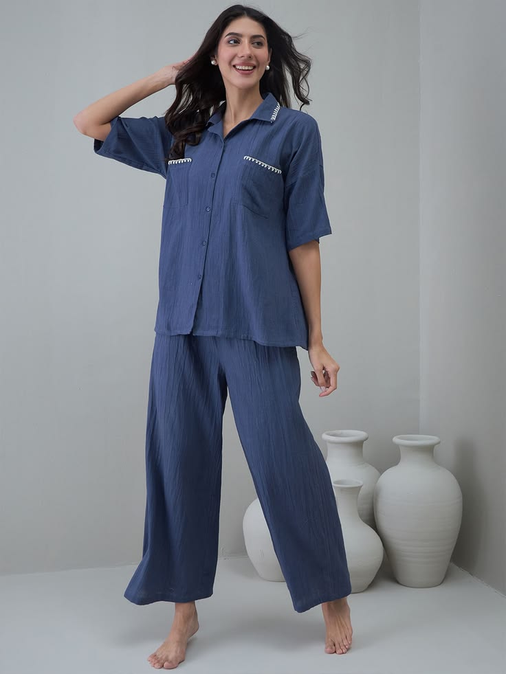 Night Dress - Cotton Fabric, Sizes S-xl, Light Blue Color | Pajama Set For Comfortable Sleeping And Lounging, Easy Machine Wash Packaging In Polybag