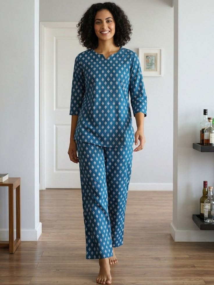 Night Dress - Cotton Fabric, Sizes S-xl, Light Blue Color | Pajama Set For Comfortable Sleeping And Lounging, Easy Machine Wash Packaging In Polybag