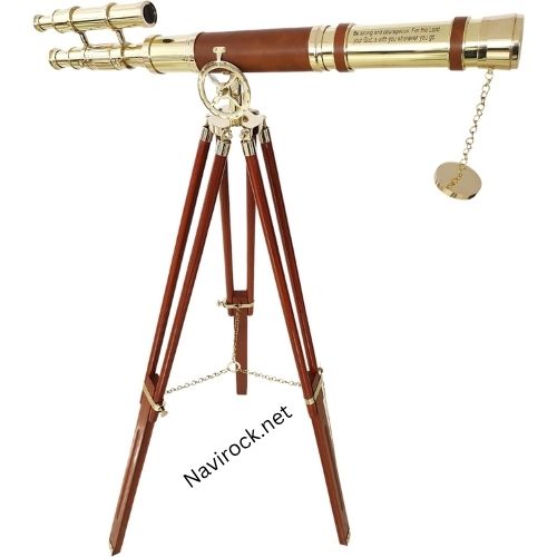 Nautical Style Brown Leather Telescope Shiny Brass Finish Designer Double Barrel Adjustable Wooden Floor Standing Tripod 