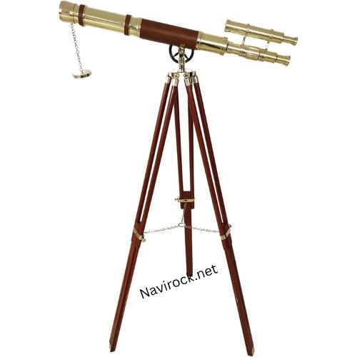Nautical Style Brown Leather Telescope Shiny Brass Finish Designer Double Barrel Adjustable Wooden Floor Standing Tripod 