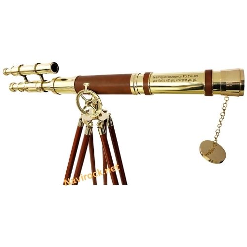 Nautical Style Brown Leather Telescope Shiny Brass Finish Designer Double Barrel Adjustable Wooden Floor Standing Tripod 