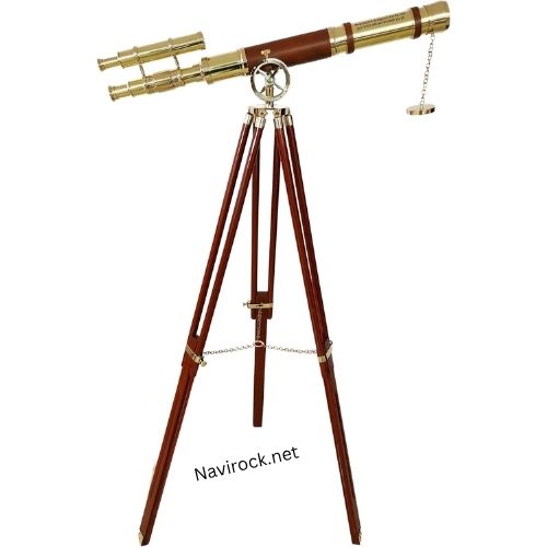 Nautical Style Brown Leather Telescope Shiny Brass Finish Designer Double Barrel Adjustable Wooden Floor Standing Tripod 