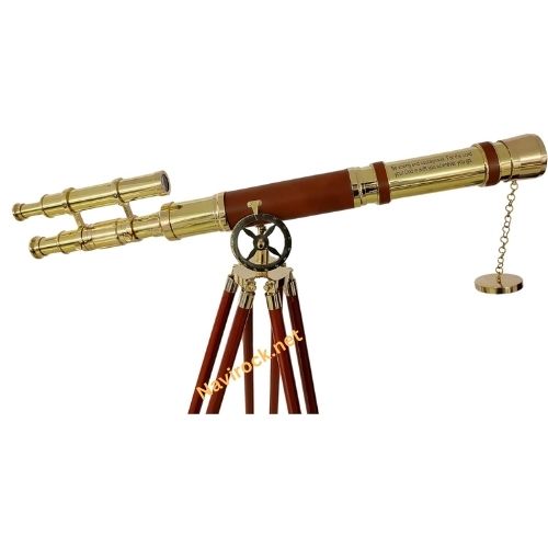 Nautical Style Brown Leather Telescope Shiny Brass Finish Designer Double Barrel Adjustable Wooden Floor Standing Tripod 