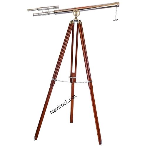 Vintage Brass Telescope Chrome/Nickel Finish Wooden Tripod Adjustable Floor Standing Decorative Telescope for Home