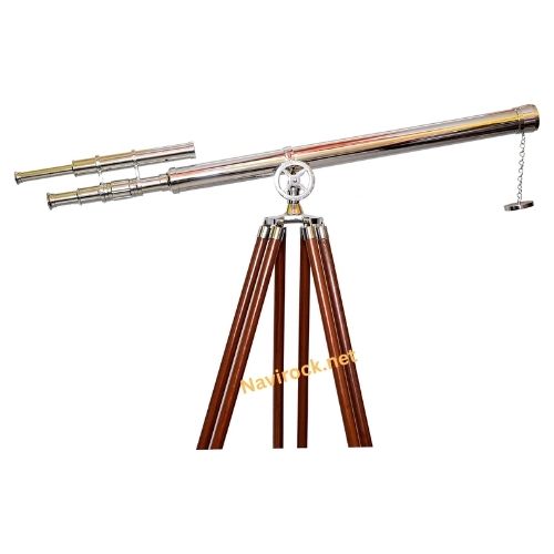 Vintage Brass Telescope Chrome/Nickel Finish Wooden Tripod Adjustable Floor Standing Decorative Telescope for Home