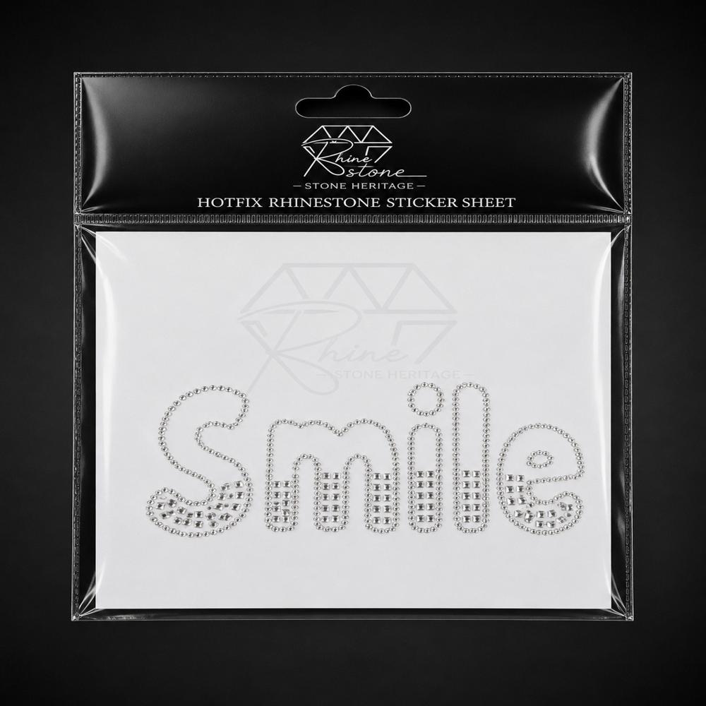Premium Smile Rhinestone Heat Transfer Sticker | Crystal Hotfix Typography Design for T-Shirts, Hoodies, Tops & Fashion Garments