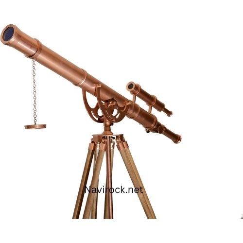 Double Barrel Telescope Shiny Copper Antique Finish with Adjustable Natural Wooden Tripod 