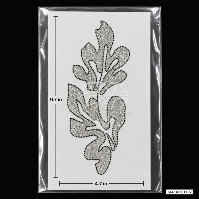 Premium Floral Leaf Rhinestone Heat Transfer Sticker | Crystal Hotfix Botanical Design For T-Shirts, Kurtis, Abayas & Fashion Garments - Features: Easy To Apply