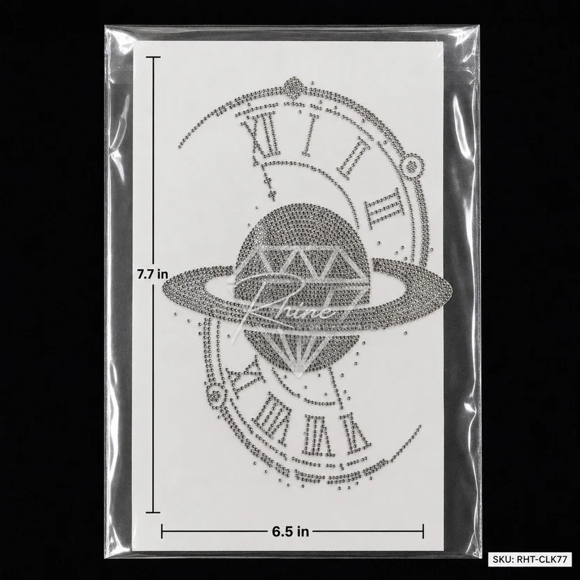 Premium Planet & Roman Clock Rhinestone Heat Transfer Sticker | Crystal Hotfix Space Theme Design For T-shirt & Fashion Garments - Features: Easy To Apply