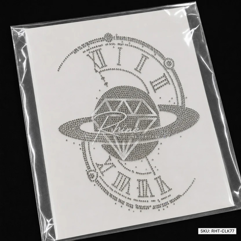 Premium Planet & Roman Clock Rhinestone Heat Transfer Sticker | Crystal Hotfix Space Theme Design for T-Shirt & Fashion Garments