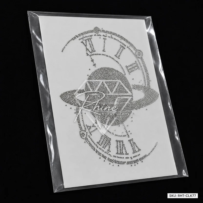 Premium Planet & Roman Clock Rhinestone Heat Transfer Sticker | Crystal Hotfix Space Theme Design for T-Shirt & Fashion Garments