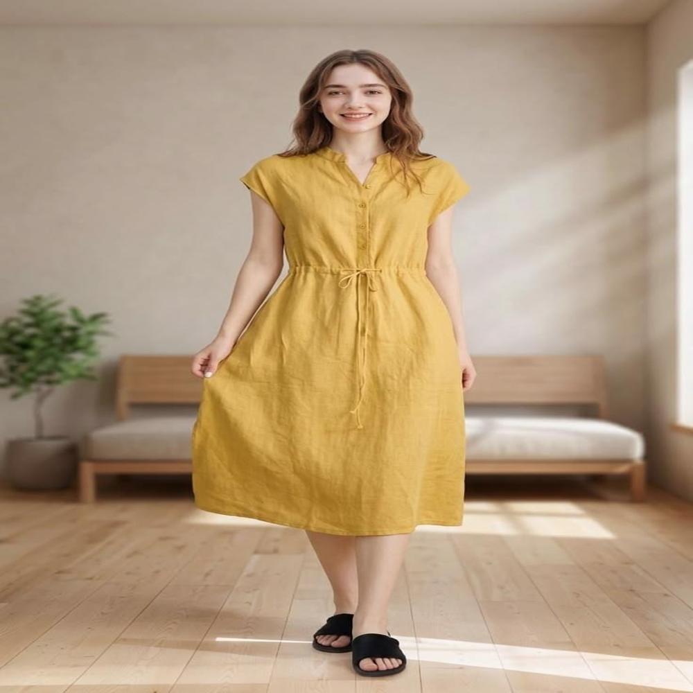 Pure Linen Solid Tunic Dress for Women