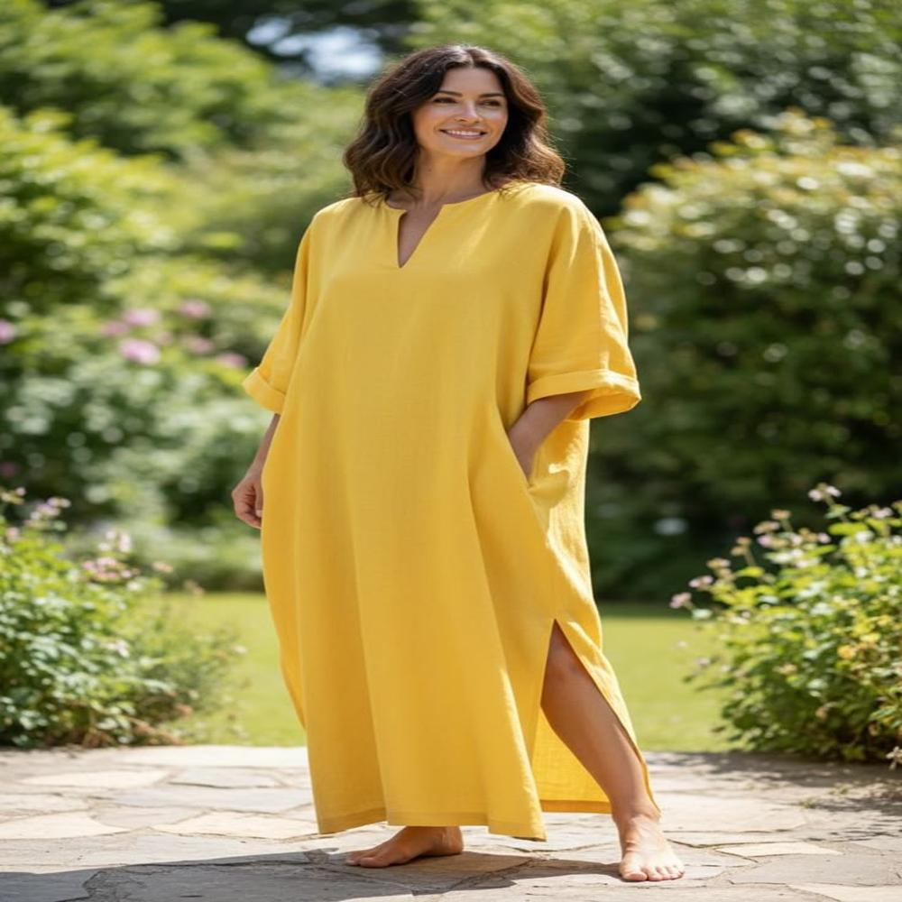 Pure Linen Solid Tunic Dress for Women