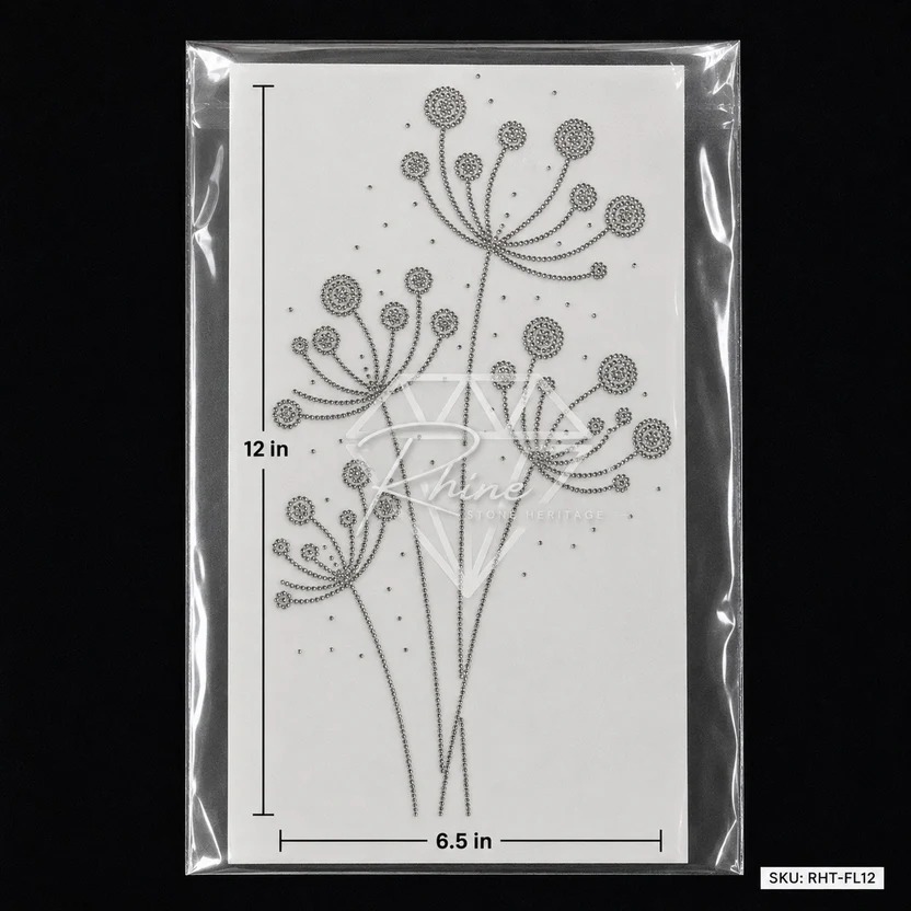 Premium Dandelion Floral Rhinestone Heat Transfer Sticker | Crystal Hotfix Flower Design For Shirt, T-Shirts, Abayas & Fashion Garments - Features: Easy To Apply