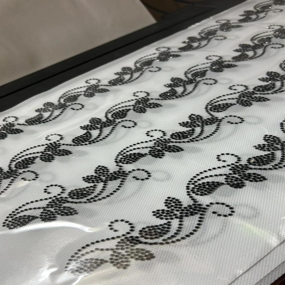 Premium Floral Vine Rhinestone Border Heat Transfer Sticker | Crystal Hotfix Decorative Lace Border For Shirt, Fashion Garments, Abayas, & Ethnic Wear - Color: Jet Black (Custom Colors Available)
