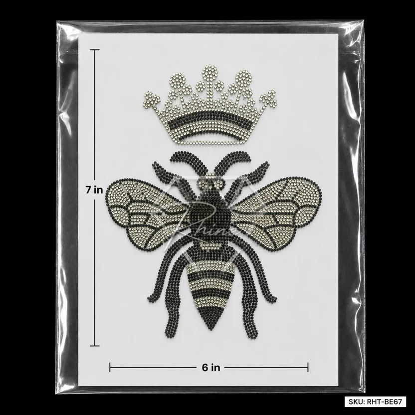 Premium Queen Bee Rhinestone Heat Transfer Sticker | Crystal Bee Hotfix Design For Shirts,T-Shirts, Hoodies, Abayas & Fashion Garments - Features: Easy To Apply
