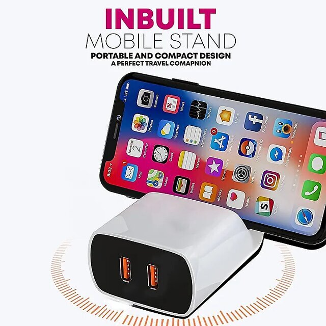 Voltrexon 30w 2 Port Mobile Wall Charger With Inbuilt Mobile Stand 100cm Micro Usb Charging Cable