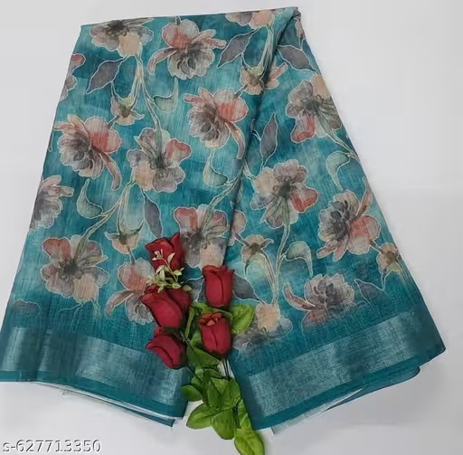Handmade Silk Sarees - Handmade Silk, 6.3 Meters, Turquoise Blue With Multi-color Floral Print, Soft & Smooth Texture