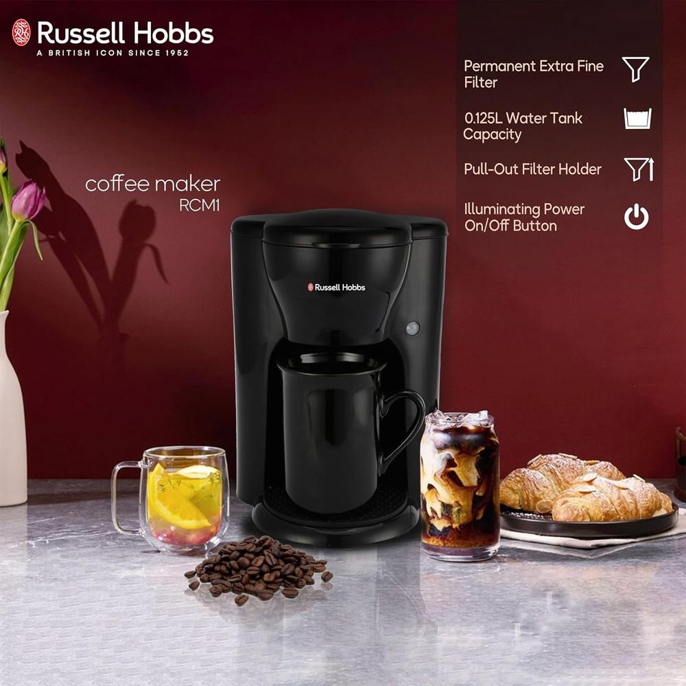 Russell Hobbs Quiet Brew 1 Cup Coffee Maker | 300W, 0.125L Capacity, Fast Brewing in Under 3 Minutes | Includes Ceramic Cup & Permanent Filter | Compact Design, Anti-Slip Coaster | 2-Year Warranty