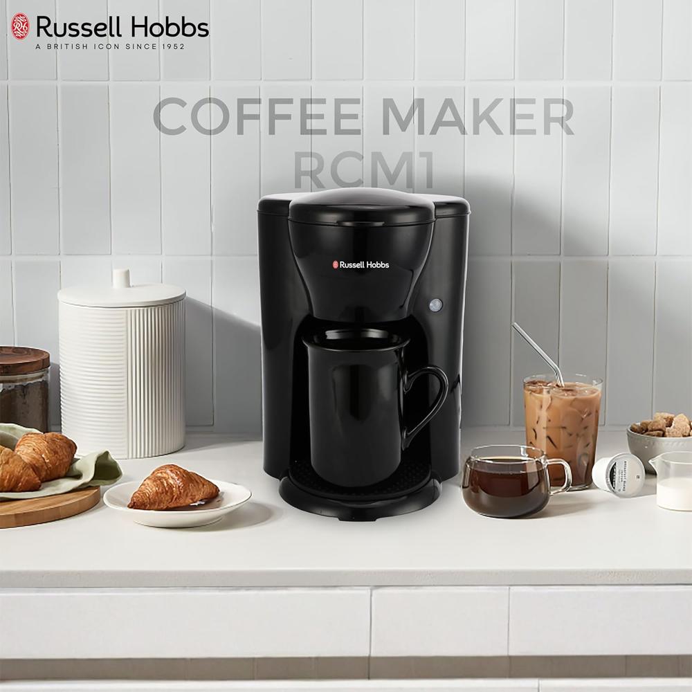 Russell Hobbs Quiet Brew 1 Cup Coffee Maker | 300W, 0.125L Capacity, Fast Brewing in Under 3 Minutes | Includes Ceramic Cup & Permanent Filter | Compact Design, Anti-Slip Coaster | 2-Year Warranty