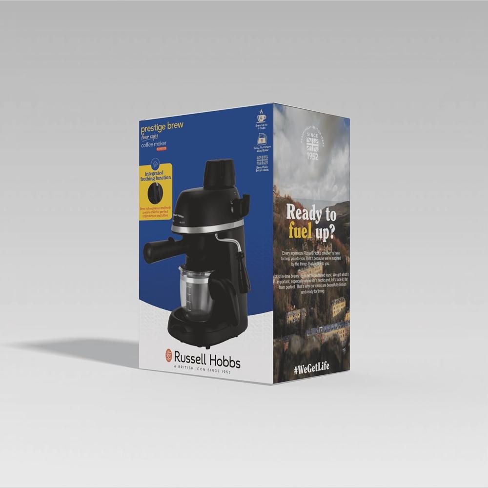 Russell Hobbs Prestige 4 Cups Brew Coffee Maker | 800W Espresso & Cappuccino Machine | Frothing Function | 0.24L Aluminium Boiler | Glass Carafe | Overheat Protection | 2-Year Warranty RCM800CE