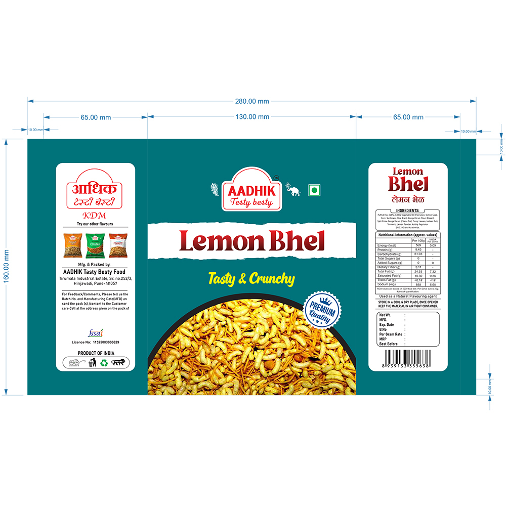 Lemon Bhel Namkeen - Rice Flakes, Peanuts, 200g | Tangy Spicy, Crispy, Food Grade Laminated Pouch Packaging