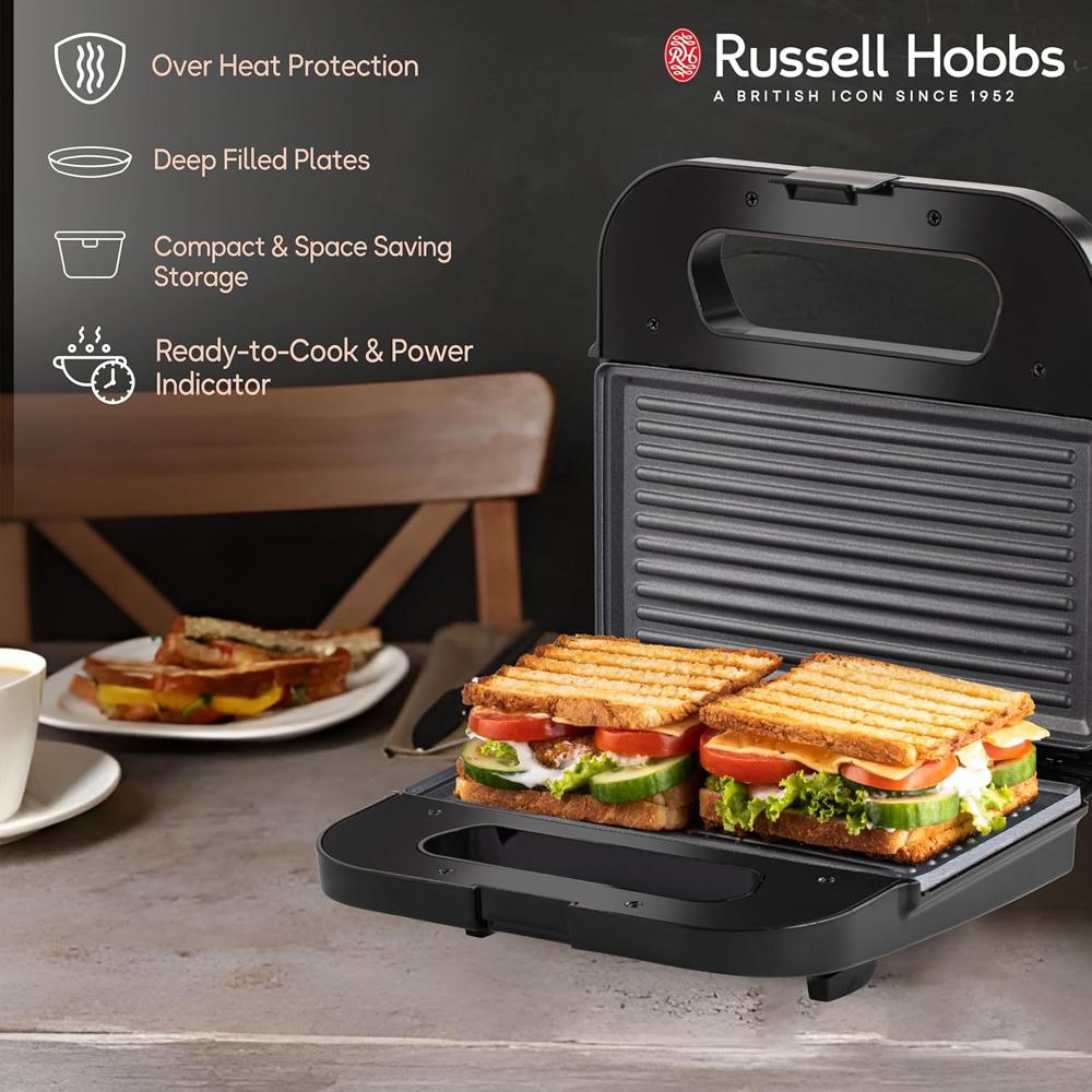 Russell Hobbs Sandwichmaster 750W 2 Slice Electric Grill Sandwich Maker Toaster | Non-Stick Coating, Cool-Touch Handle, LED Indicators, Overheat Protection | 2-Year Warranty (RST750GR), Multicolor