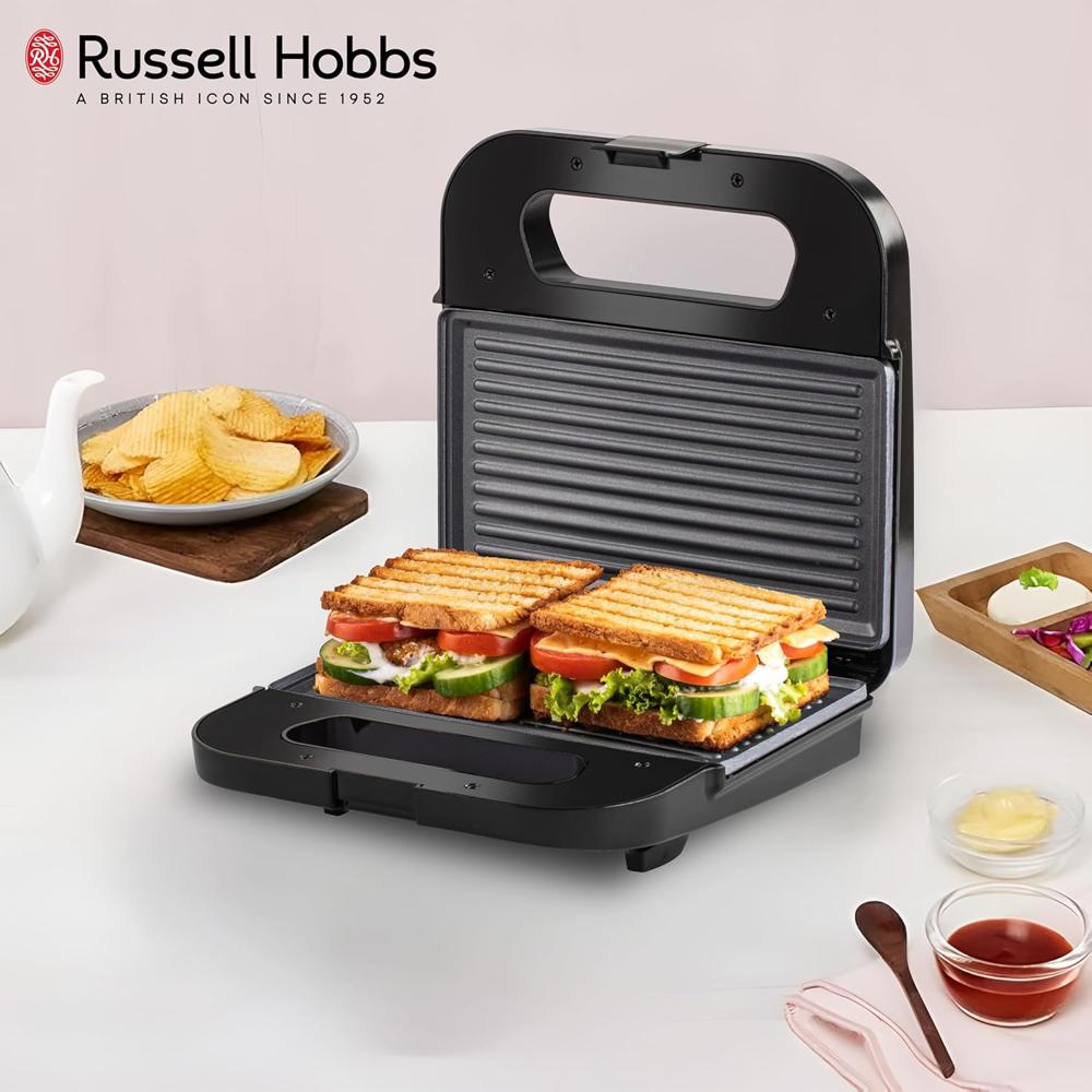 Russell Hobbs Sandwichmaster 750W 2 Slice Electric Grill Sandwich Maker Toaster | Non-Stick Coating, Cool-Touch Handle, LED Indicators, Overheat Protection | 2-Year Warranty (RST750GR), Multicolor
