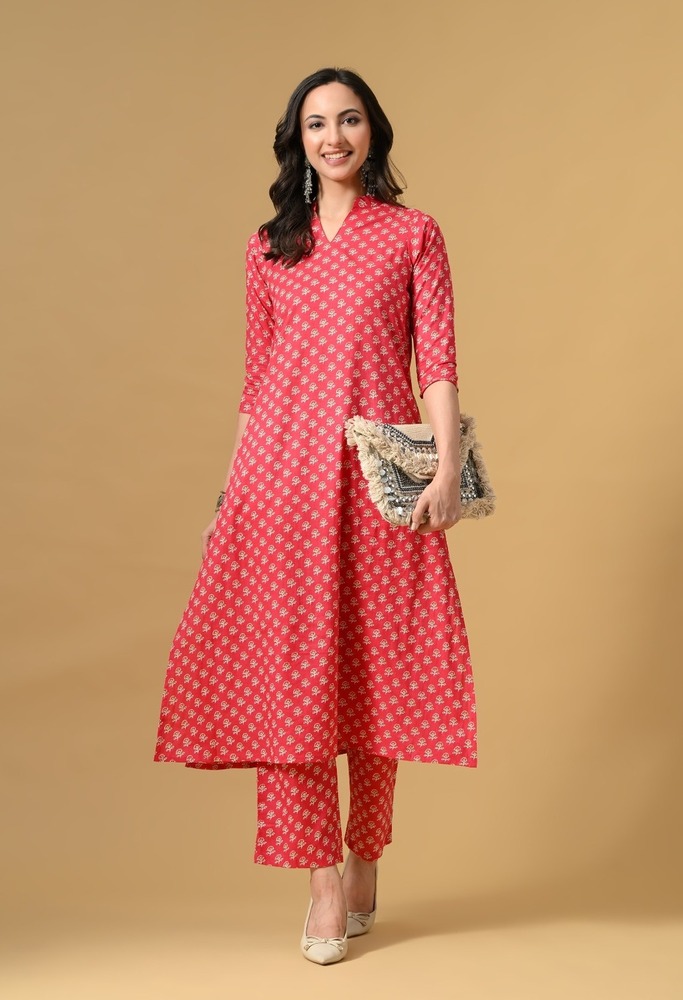 Women's Casual Ethnic Design Rayon Red Kurta Set with Pants